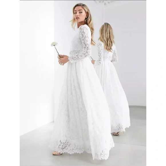 ASOS BRIDAL EDITION Grace Lace Long Sleeve Crop Top Maxi Wedding Dress - Picture 3 of 16